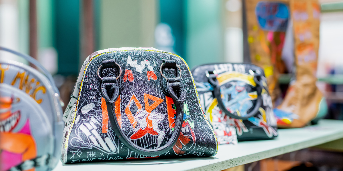 sustainable bags and shoes on a shelf