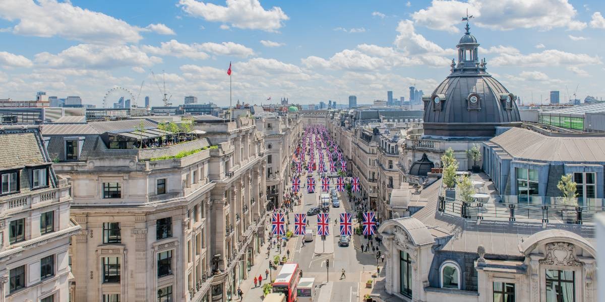 Union flags hanging across a street