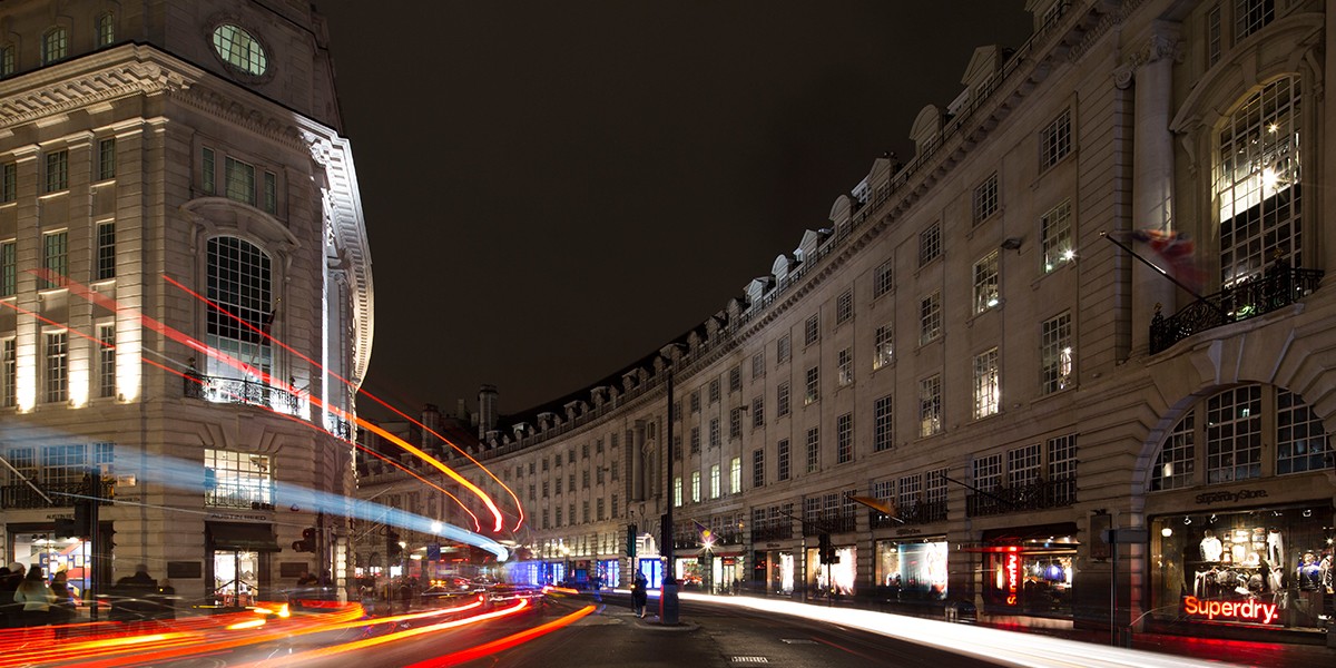 Regent Street at night with lights off